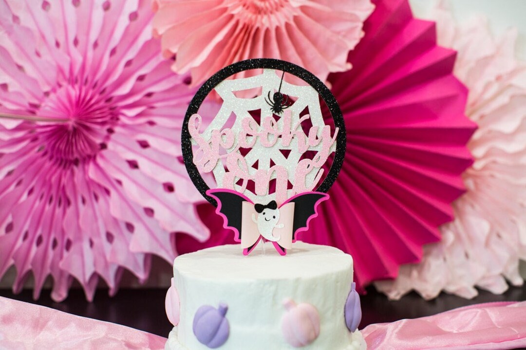 Spooky One Cake Topper. Pink and Black Halloween Party Decor. Pink