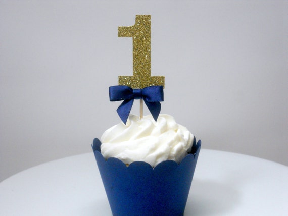 12 Navy Blue And Gold First Birthday 1 Cupcake Toppers Number
