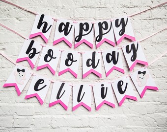 Pink Halloween Birthday Banner, Glitter Lettering & Ghost Accents