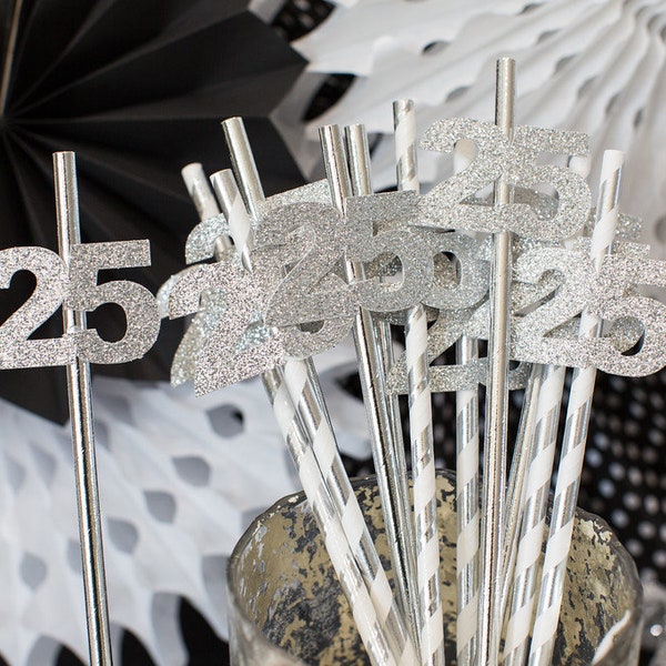 25th Anniversary Party Decorations. 25th Anniversary Straws. Number Straws. Age Straws. Silver Anniversary. 25th Party Favors. Silver Party.