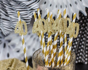 40th Birthday Straws, Gold Glitter Number Forty Party Decor