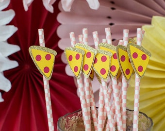 Pizza Party Straws: Pink Checkered, Pizza Slice Decoration (12 ct)