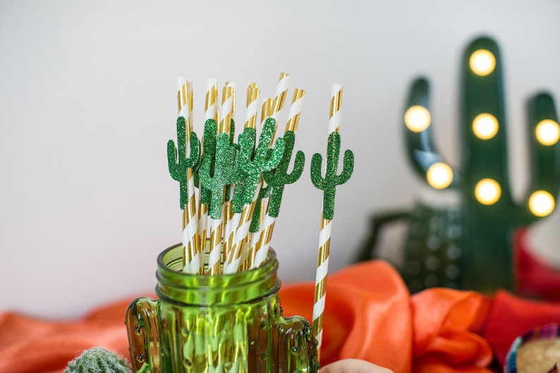 Cinco de Mayo Party Straws, Glitter Cactus, Gold Foil, Set of 12 bild 2