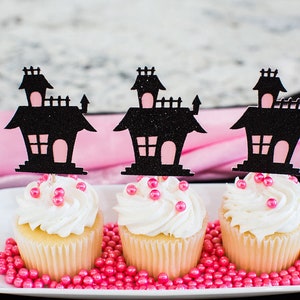 Pink and Black Halloween Decorations. Pink and Black Halloween Party Decor. Haunted House Cupcake Toppers. Girl Halloween Decor. Pink Hallow