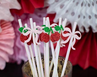 Cherry Glitter Straws with Bows, Bridal/Baby Shower Decorations (12 ct)