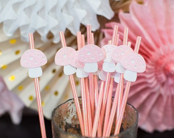 Pink Mushroom Paper Straws, Iridescent Party Decorations