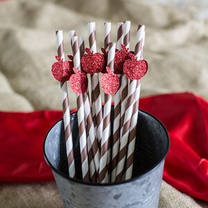 May include: A metal bucket filled with brown and white striped paper straws with red glitter apple toppers.