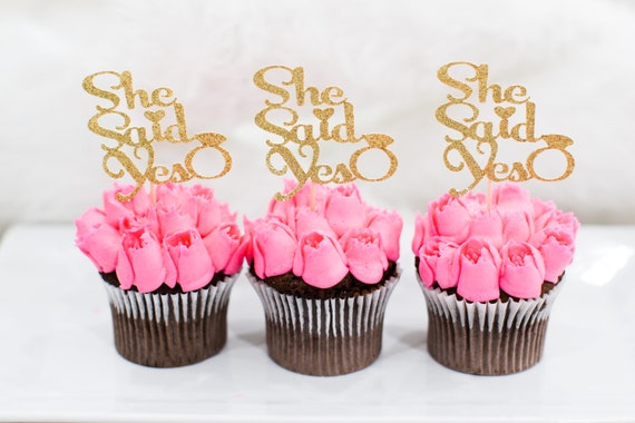 12 ENGAGEMENT GLITTER CUPCAKE TOPPERS HE ASKED SHE SAID YES PARTY CUPCAKE TOPPER 