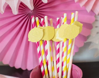 Pink Lemonade Straws, Glitter Lemon Party Decorations