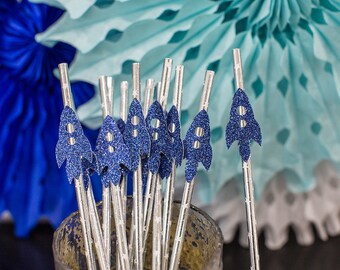Rocket Party Straws: Silver Star, Blue Glitter Rockets (12 ct)