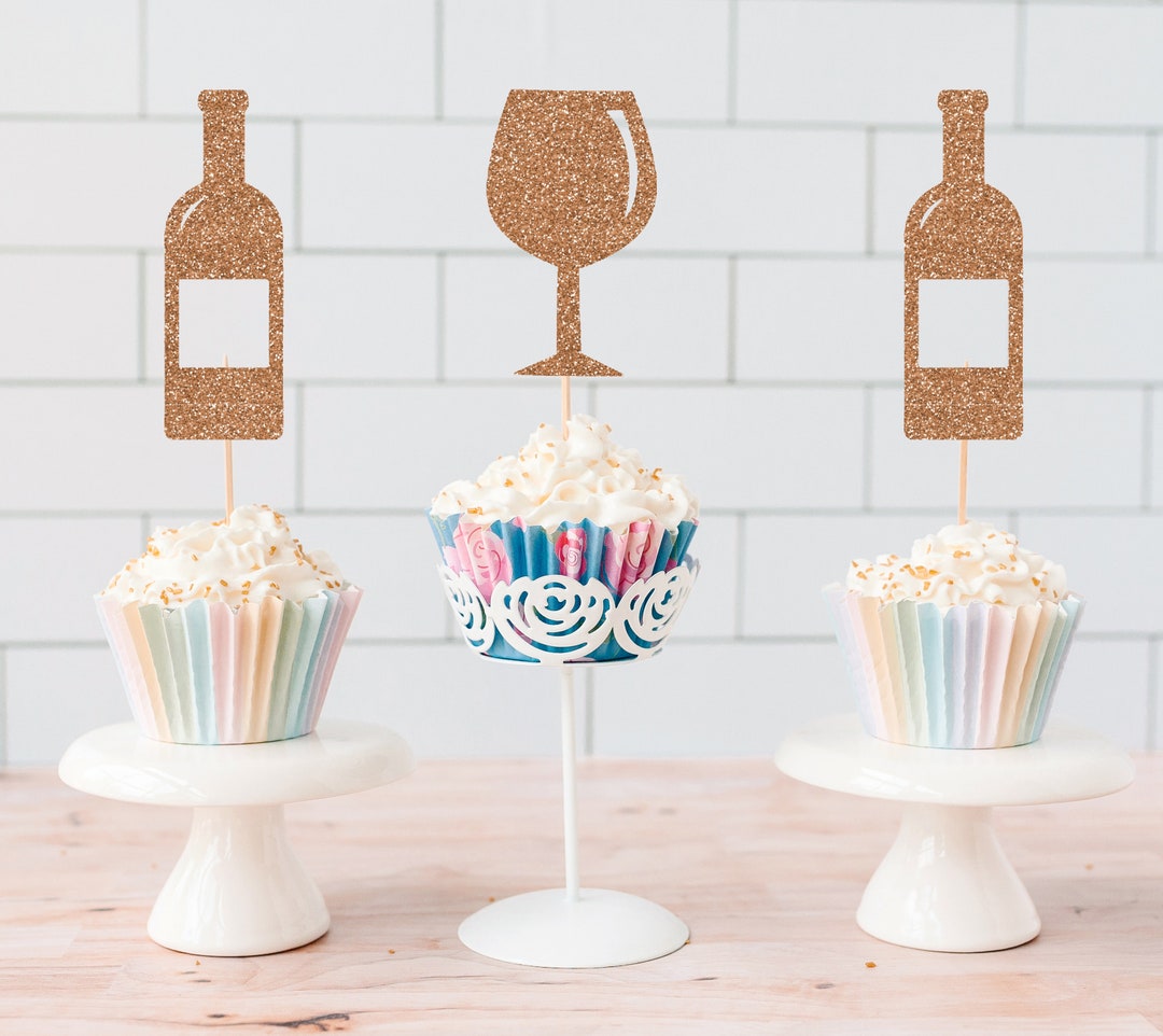 Wine Bottle and Glass Cupcake Toppers, Wine Glass Cupcake Toppers, Wine Glass Toppers, Wine