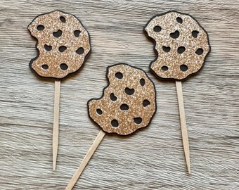Chocolate Chip Cookie Cupcake Toppers, Cookie Cupcake Toppers, One Sweet Cookie Party Decorations, Glitter Baking Party Cupcake Toppers