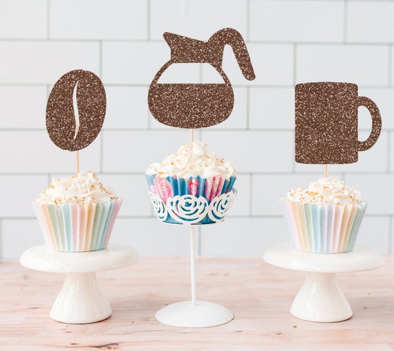 READY TO SHIP Coffee Cupcake Toppers / Coffee Party Decor / Coffee Cup  Cupcake Toppers / Coffee Lover Decorations / Coffee Cups 