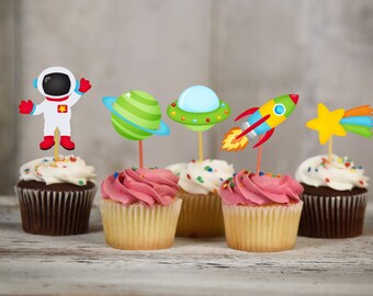 Blast Off Cupcake Toppers / Outer Space Cupcake Toppers / Space Cupcake / Planets / Stars/ Astronauts / Rockets / Spaceships - 12ct or 24ct
