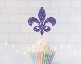 Fleur De Lis Cupcake Toppers, Glitter Fleur De Lis Toppers, Mardi Gras Birthday Decor, Masquerade Party Decor, Birthday Party, NOLA Party