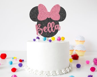 Mouse Head Cake Topper with Bow, Minnie Birthday,  Mouse Ears Cake Topper, Birthday Party, Mouse Name Topper, Minnie Name Topper