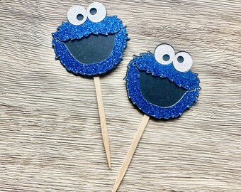 Cookie Monster Cupcake Toppers - 12ct, Cookie Monster Inspired Cupcake Toppers, Cookie Party Decorations, Glitter Cookie Monster Toppers
