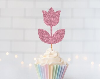 READY TO SHIP Tulip Cupcake toppers, Spring Flowers Toppers, Tulips Toppers, Garden Party Cupcake Toppers, Spring Party, Garden Birthday