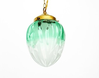 Unique pendant light with spectacular 1900s Art Nouveau water green art glass shade with sculpted flower pattern / Turquoise lamp