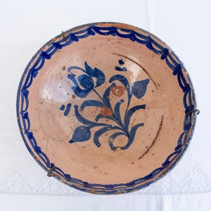 1800s true antique staple repaired Fajalauza enamel terracotta 11 inches "lebrillo" / Spanish off-white pottery with Hand painted flowers