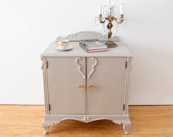 RESTORED Hand Painted and distressed Spanish Art Deco Cabinet from the 1940s / Carved chestnut bedside table with 2 doors