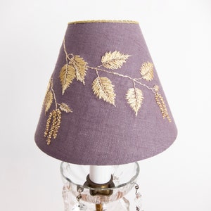 Hand embroidered and beaded linen fabric clip lampshade with birch branches / Gold color threads and beads