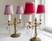 Pair of RESTORED French ANTIQUE Baccarat style Candlesticks girandole table chandeliers Gold Bronze Crystal drops and French prisms