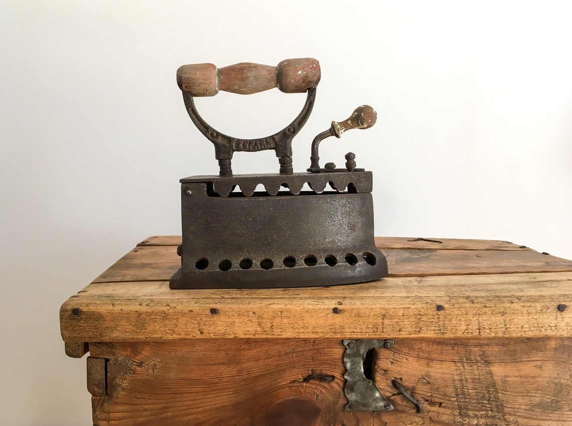 Spanish Antique cast flat iron with wooden handle / Hand coal Etsy
