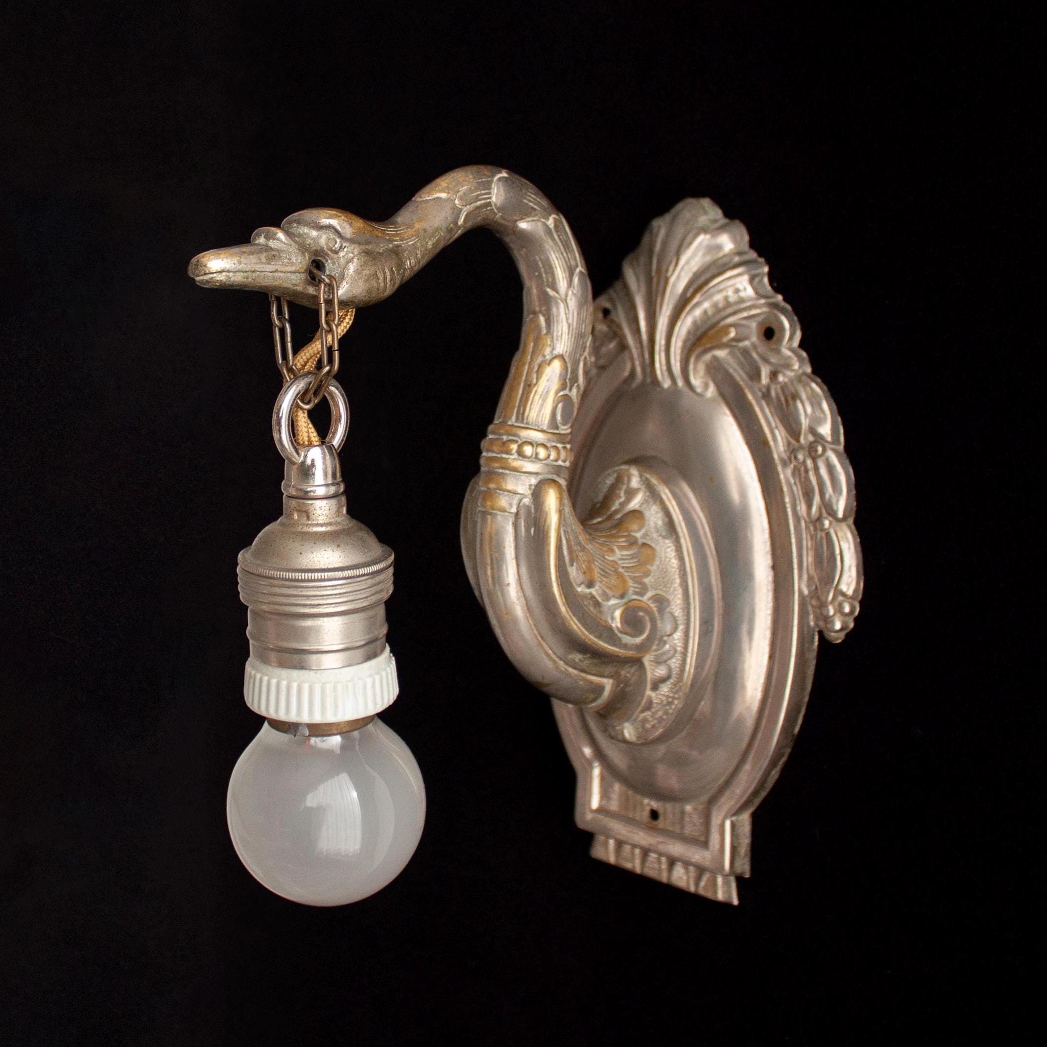 Exceptional 1930s Art Deco swan shaped nickel plated bronze sconce / Restored ornate Antique wall lamp with sculpted scrolled pattern