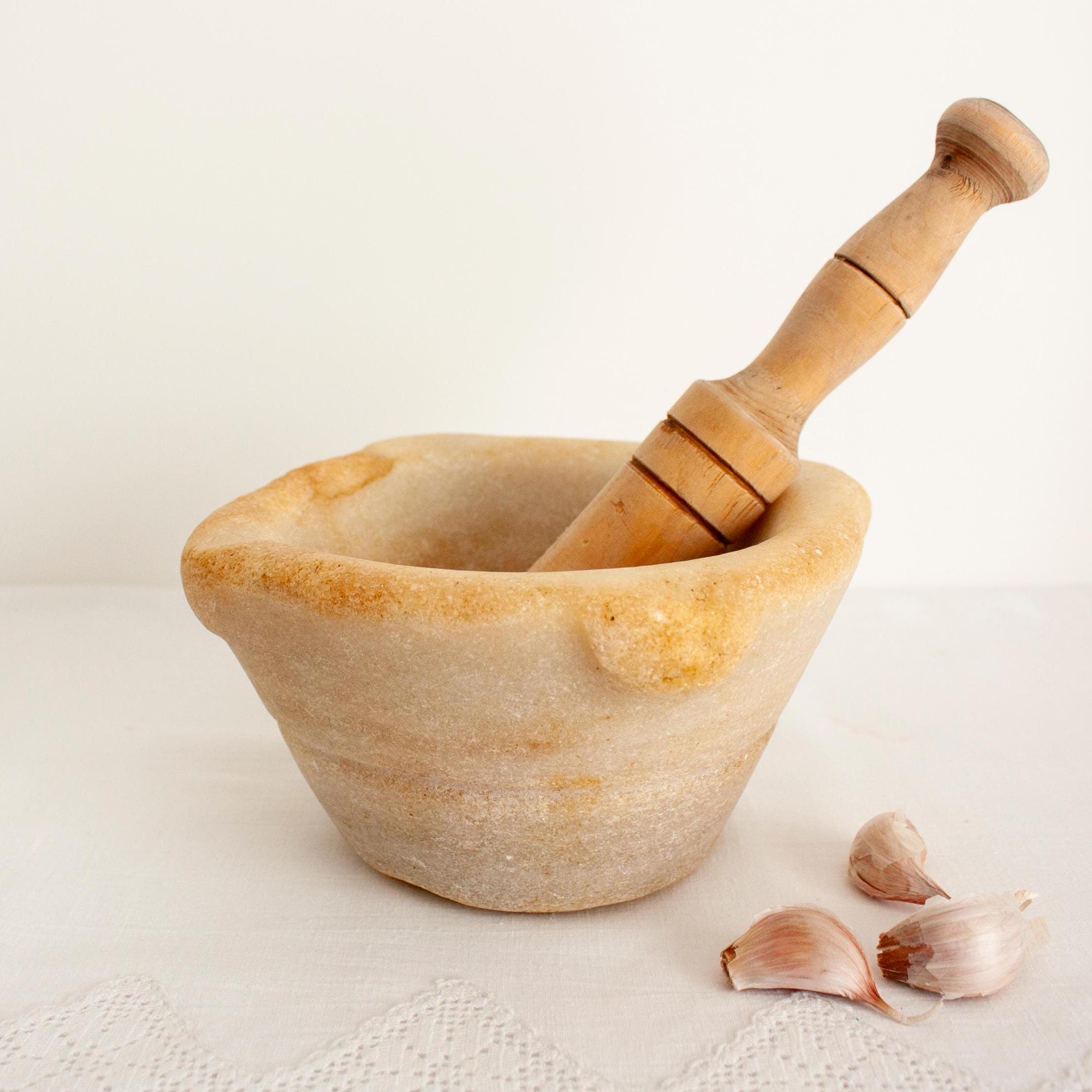 18th or 19th century beautifully worn off white Spanish hand carved Marble mortar & pestle / Antique cooking tool for kitchen decor or props
