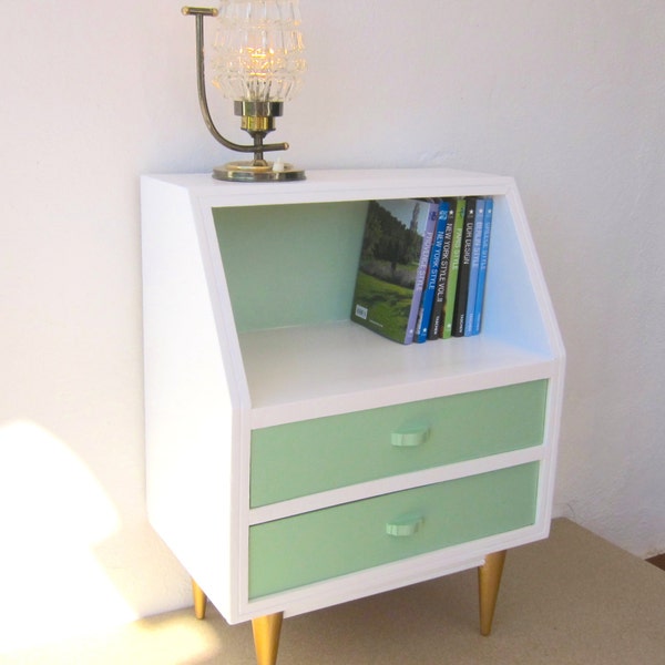 MID CENTURY Modern Cabinet, Fully RESTORED; Vintage Danish style 1960s Bedside Table; Mint, White and Golden Nightstand