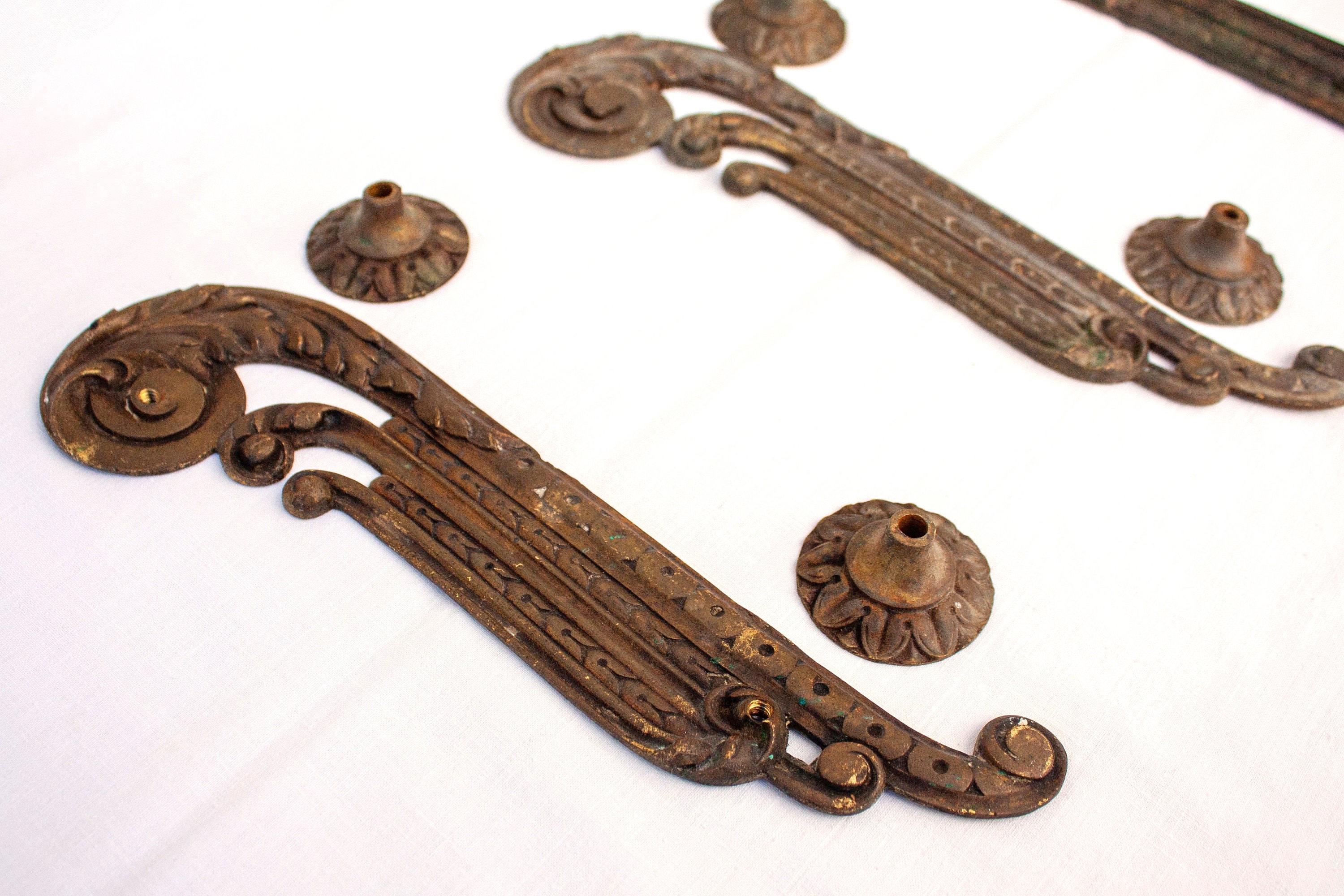 Antique lot of LARGE cast bronze furniture door handles: 2 Pull Handles & 1 Push Plate / Acanthus and spike ornaments from the early 1900s
