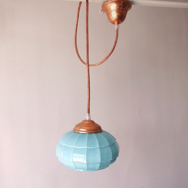 Lamp met authentieke glas Art Deco blauw Celeste met de hand geblazen en koperen kabel / kleine Opal blue lamp