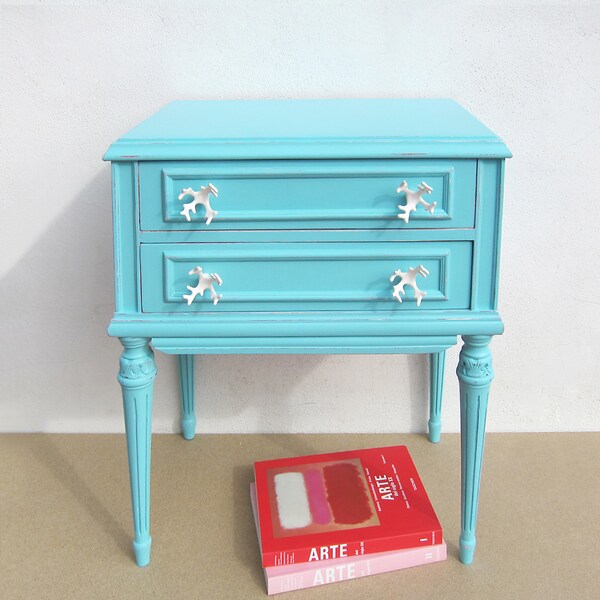 Reserved for Françoise: VINTAGE Side Table, RESTORED; Turquoise and fuchsia bedside table; Distressed turquoise nightstand