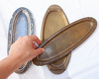 1 of 2 vintage calling card small oval trays / Silver plated brass trinket dishes with art deco and floral pattern