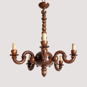 1930s Art Deco Hand-Carved Chestnut Wood Chandelier - Large Gothic Revival 5-Arm Light