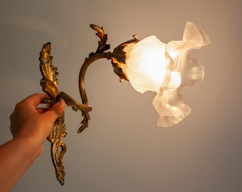 French antique sconce with frosted glass flower-shaped shade and intricate gold bronze frame / RESTORED ornate Art Nouveau wall lamp