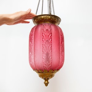 Hard to find Antique early 1900s sculpted raspberry pink glass pendant candle lantern with flower design / Spanish Art Deco candelabra