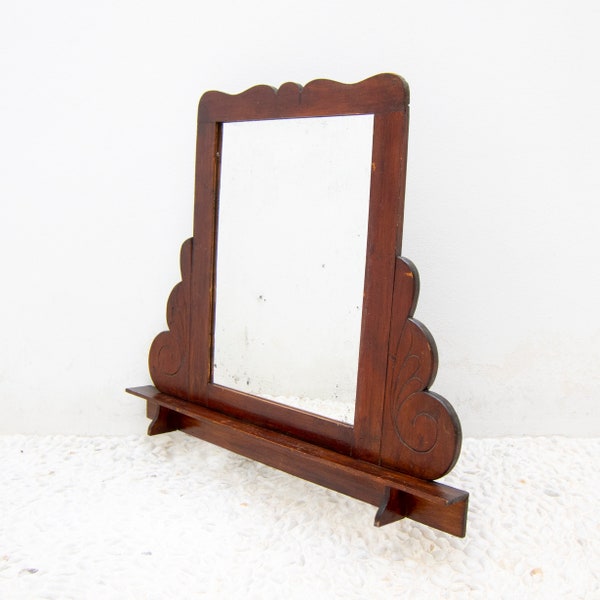 Large vintage Wall Mirror with shelf 1950s/ Carved wood mirror for wall or chest of drawers/ Entryway Bathroom Bedroom