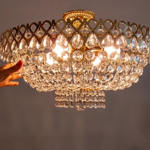 XL 52 cm or 20 inches in diameter beaded crystals vintage basket chandelier / Palwa style shiny gold brass frame & octagon clear glass drops