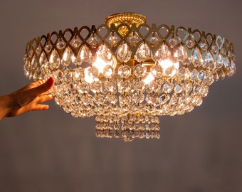 XL 52 cm or 20 inches in diameter beaded crystals vintage basket chandelier / Palwa style shiny gold brass frame & octagon clear glass drops