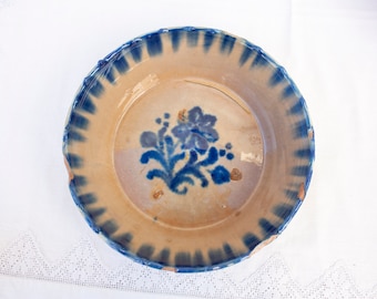 Very rare dripping enamel Spanish vintage Fajalauza style 10 inches ceramic bowl / Wheel-thrown pottery with blurred Hand painted blue motif