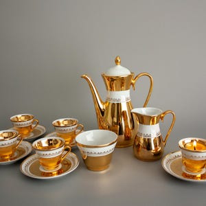Vintage genuine gold gilded fine china coffee set / Porcelain coffee service for 4 / Espresso Demitasse cups, saucers, sugar bowl, creamer