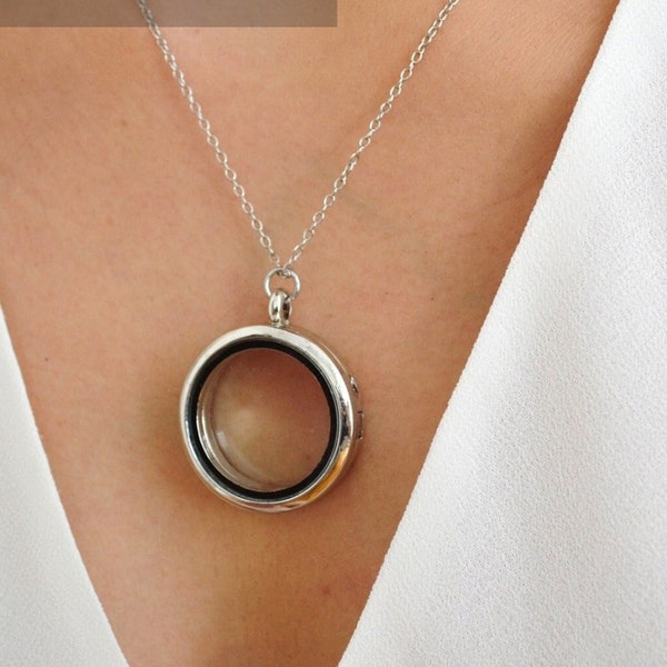 Elegant GLASS Locket Charm - Round Glass Locket Necklace - Keep Safe Locket - Modern Locket Charm - Locket jewelry - Silver Glass Locket