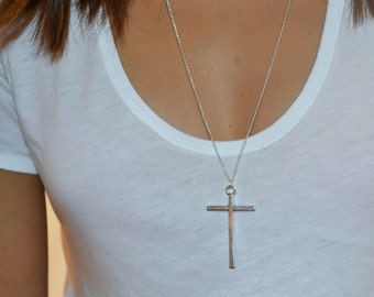 Silver Cross Long Necklace - Unisex Jewelry - Engraved Cross Jewelry - Gift Idea for Someone Special - Long Necklaces for Women - Simple