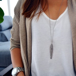 LARGE FEATHER Necklace - Boho Long Layering Necklace - Everyday Layering Jewelry - Silver Feather Charm - Modern Necklace - Gift for Her