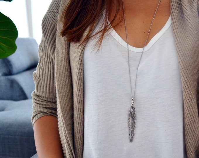 Long Feather Necklace - Boho Silver Charm, Layering Jewelry