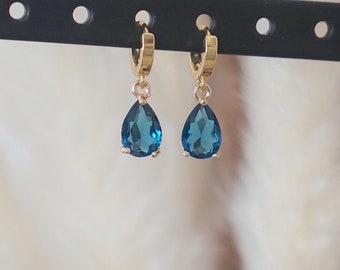 Blue Zircon Dangling 18k Gold Plated Hoop Earrings - Bridesmaid Gift - Wedding Jewelry - Elegant Tear Drop Earrings - Elegant Jewelry