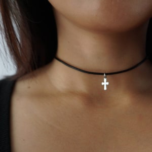 Mini Cross Choker Necklace -Black Leather Choker - Minimal Jewelry - Cross Black Choker