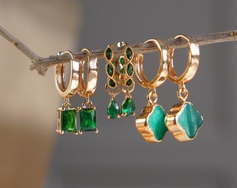 Emerald Dangling Hoop Earrings - 18 Karat Gold Plated Hoops - Dangling Earrings - Bridesmaid Gifts - Elegant Everyday Jewelry